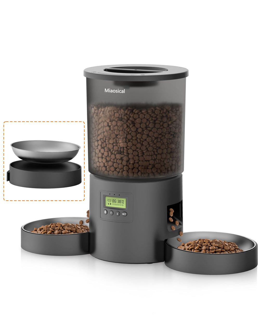 Miaosical automatic cat feeder for two cats with dual bowls for peaceful meals.
