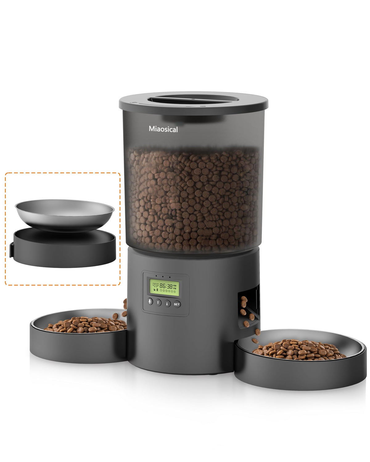 Miaosical automatic cat feeder for two cats with dual bowls for peaceful meals.