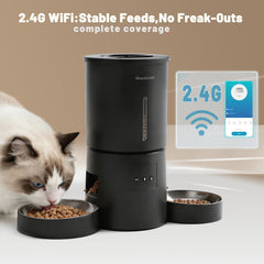 Miaosical dual bowls dispensing image highlights balanced portions for multiple pets.