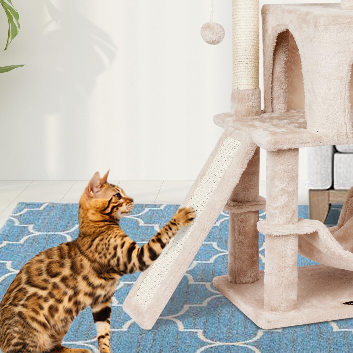 MIAO PAW beige cat tree measures 12.6 by 17 by 40.7 inches.