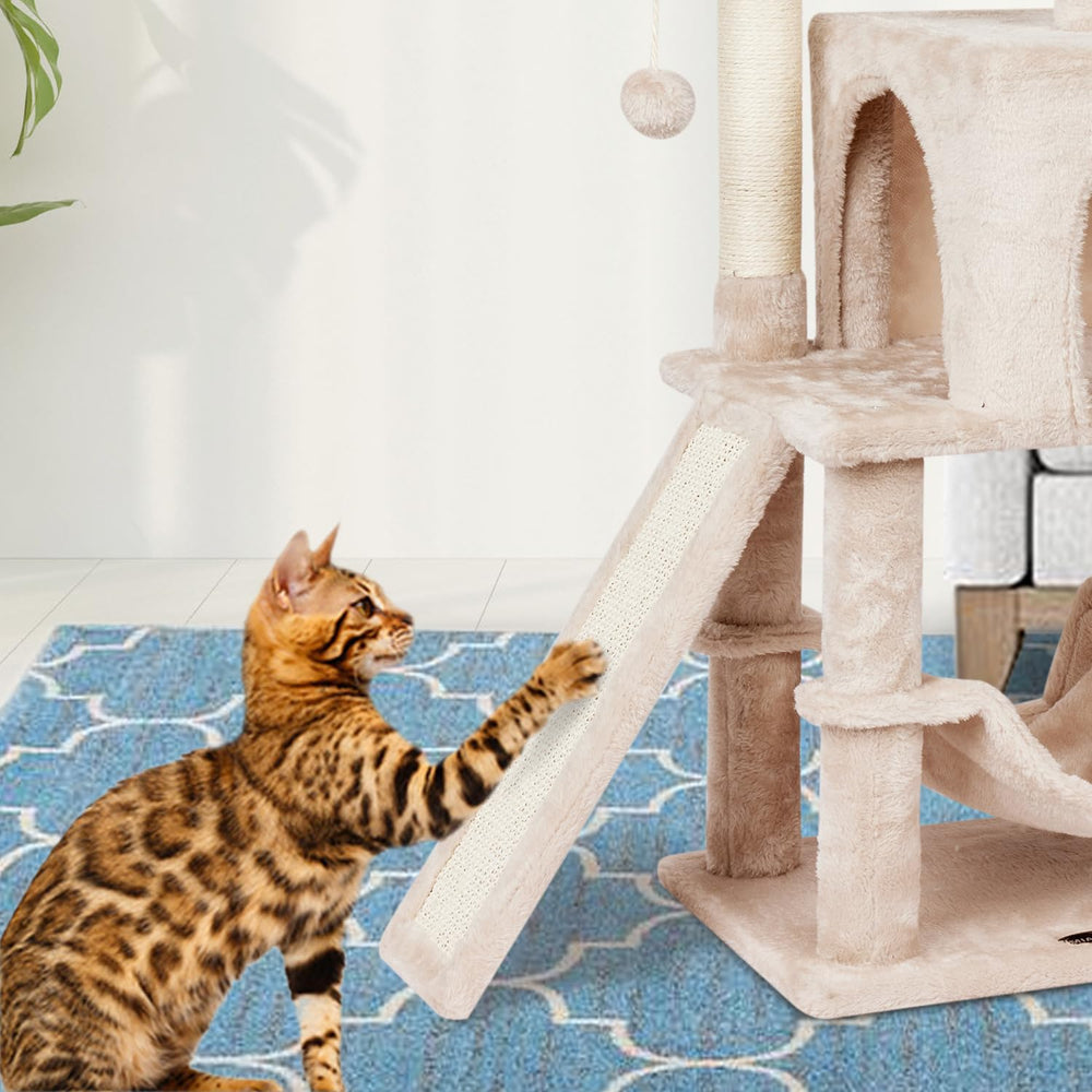 MIAO PAW beige cat tree measures 12.6 by 17 by 40.7 inches.