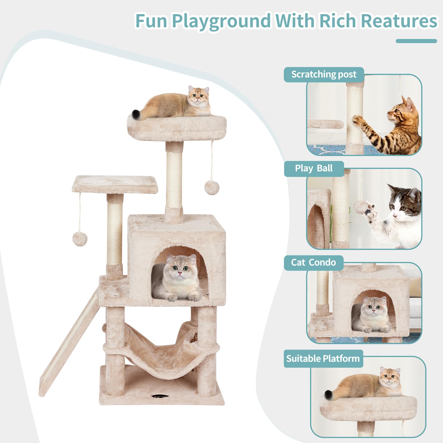 MIAO PAW cat tree condo with hanging ball invites playful exploration.