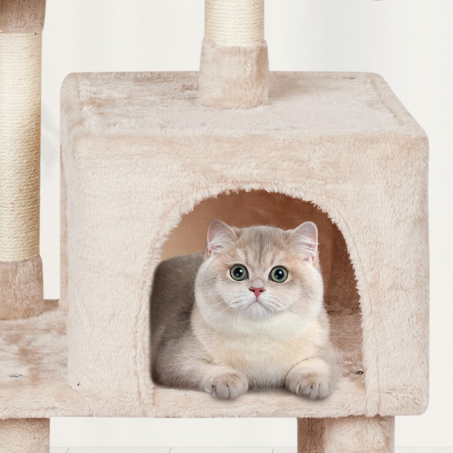 MIAO PAW cat tree features soft faux fur for comfy lounging.