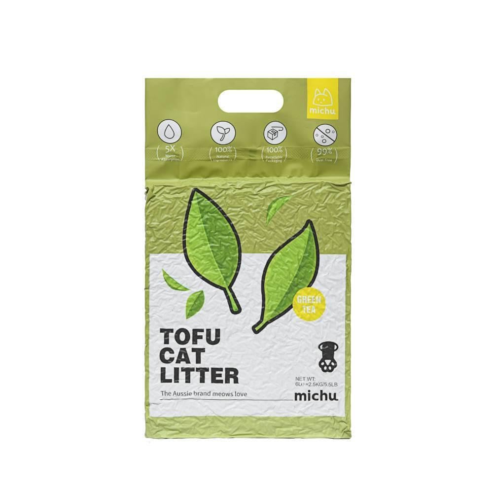 Michu tofu cat litter packaging shows a 2-pack with Greentea scent