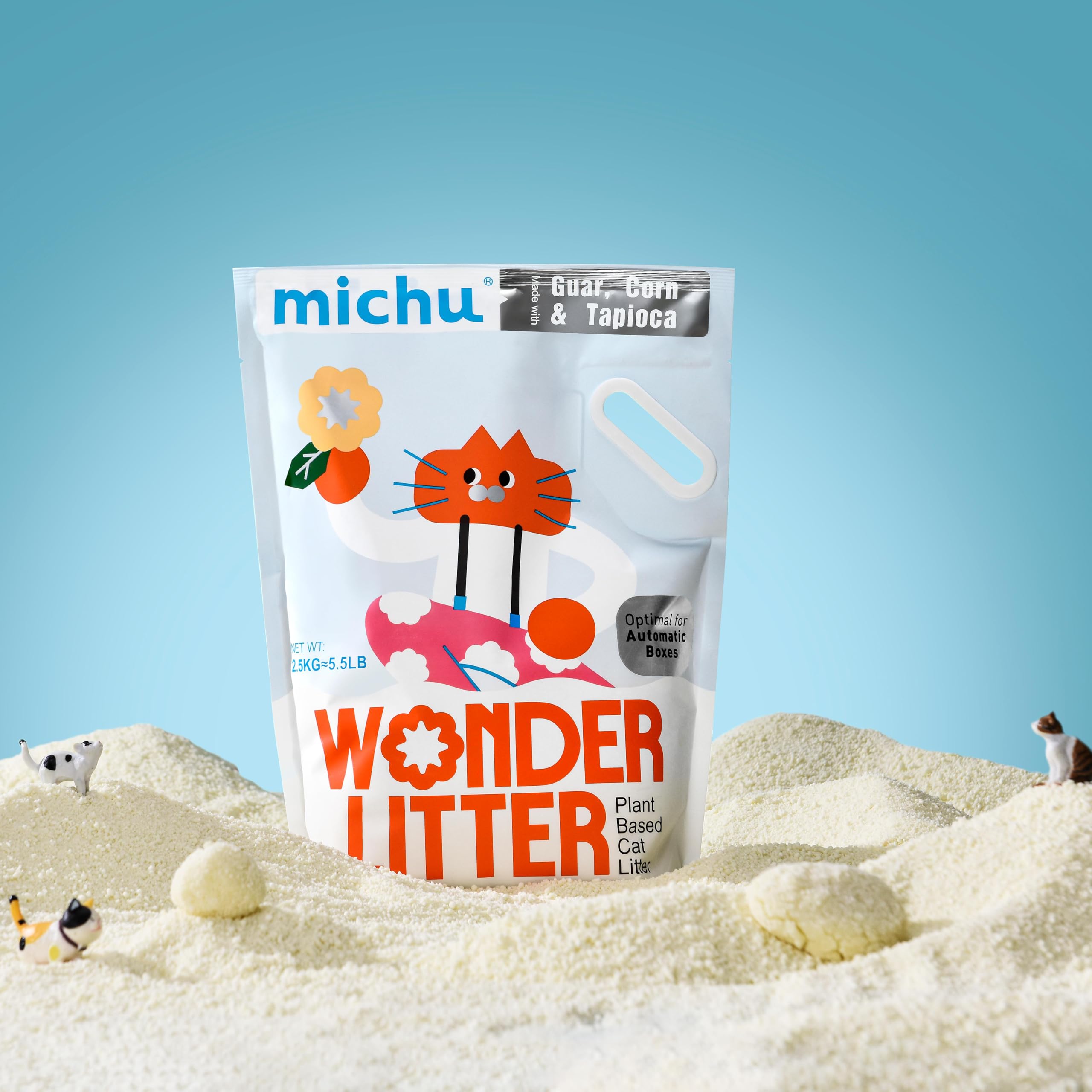 Michu Wonder Litter front packaging highlighting plant-based formula.