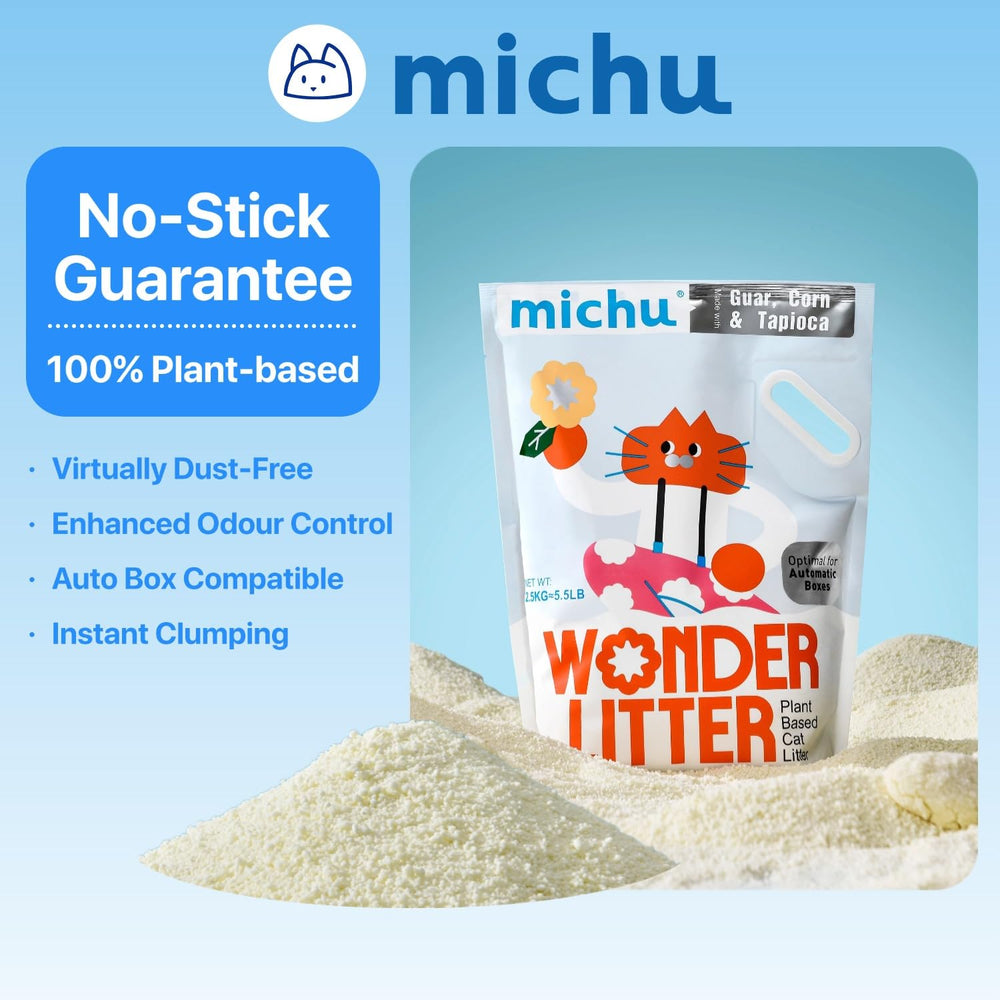 Michu Wonder Litter granules close-up ideal for automatic boxes.