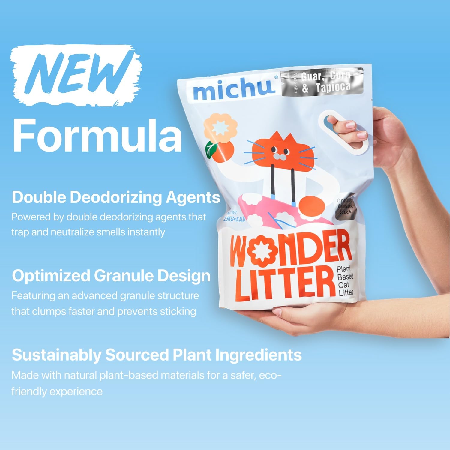 Michu Wonder Litter eco-ingredients showcase tapioca and corn starch.