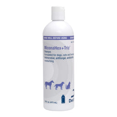 MiconaHex+Triz shampoo bottle for dogs, cats, and horses supports healthy skin and coat.