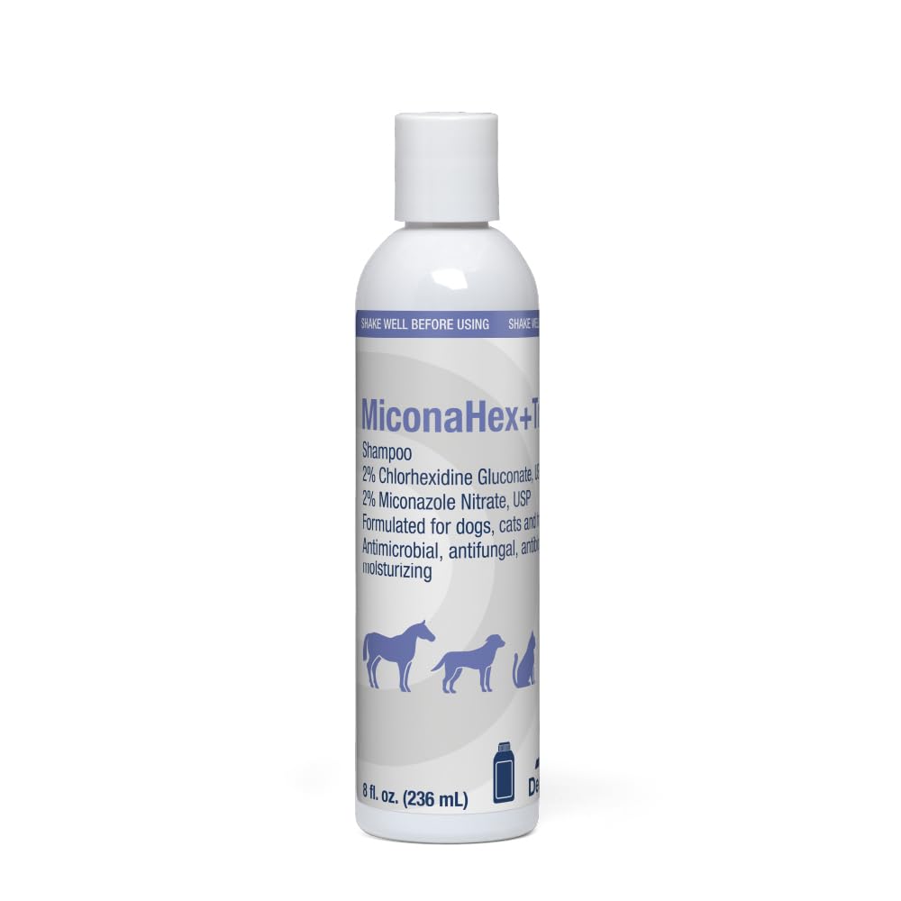 MiconaHex+Triz shampoo bottle closeup showing multi-species formula for healthy skin.