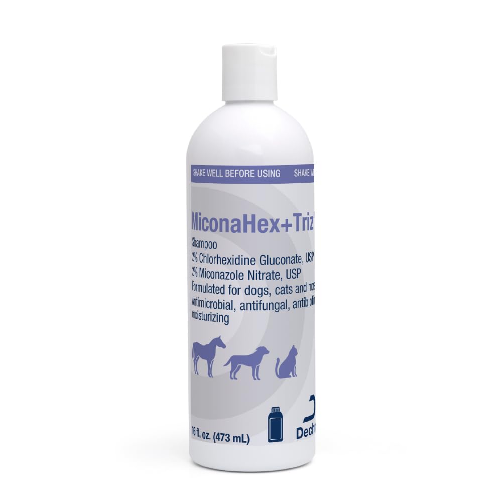 MiconaHex+Triz shampoo for dogs bottle pour shows unscented cleansing benefits