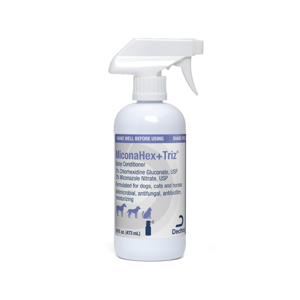 MiconaHex+Triz spray bottle front view for easy pet skin care.