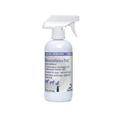 MiconaHex+Triz spray bottle front view for easy pet skin care.
