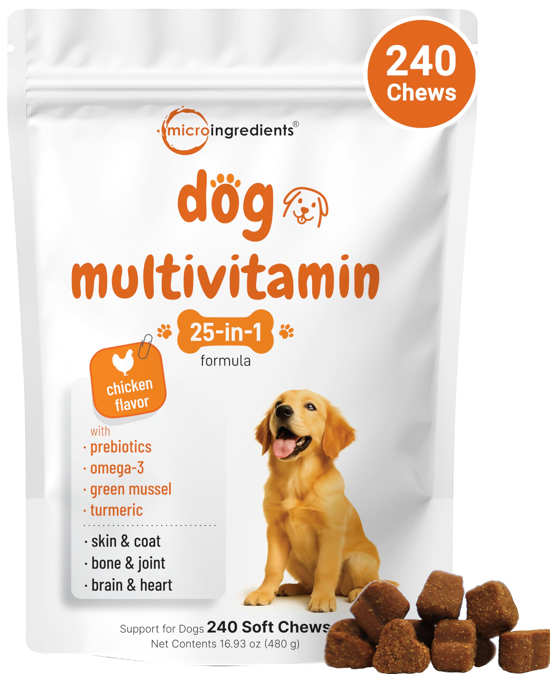 Micro Ingredients 25-in-1 dog multivitamin soft chews bottle for daily immune and coat support.