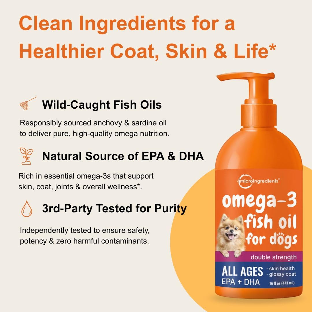 Pet enjoys coat shine and softer skin with Micro Ingredients Omega-3 Fish Oil.