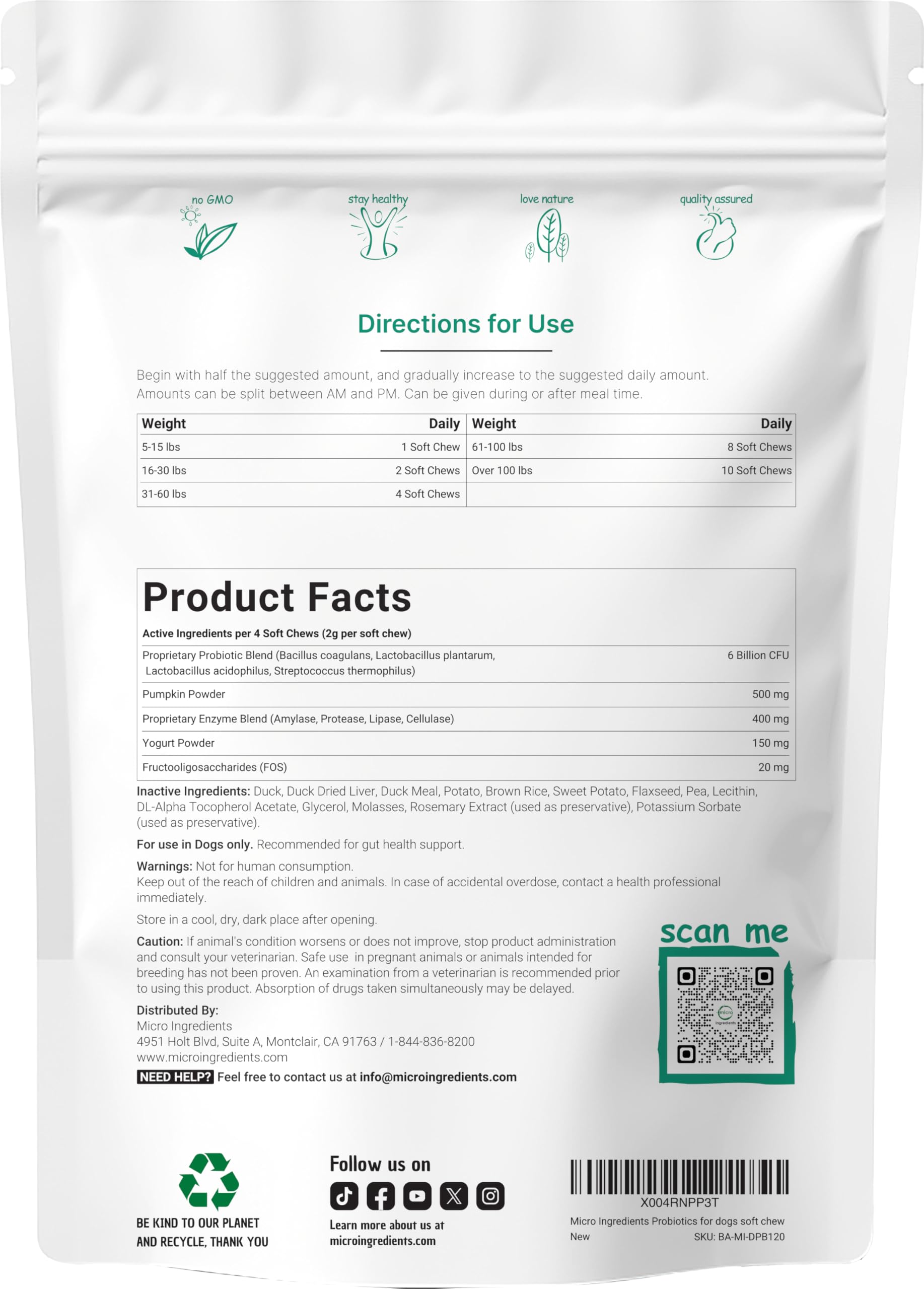 Micro Ingredients Probiotics for Dogs bottle-assembly shows packaging for daily dosing