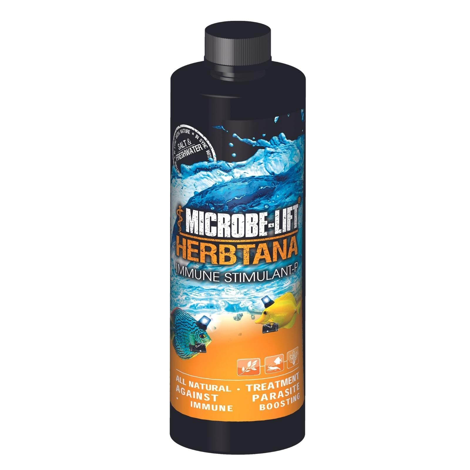 MICROBE-LIFT Herbtana bottle pour showing herbal parasite support for freshwater and saltwater tanks.