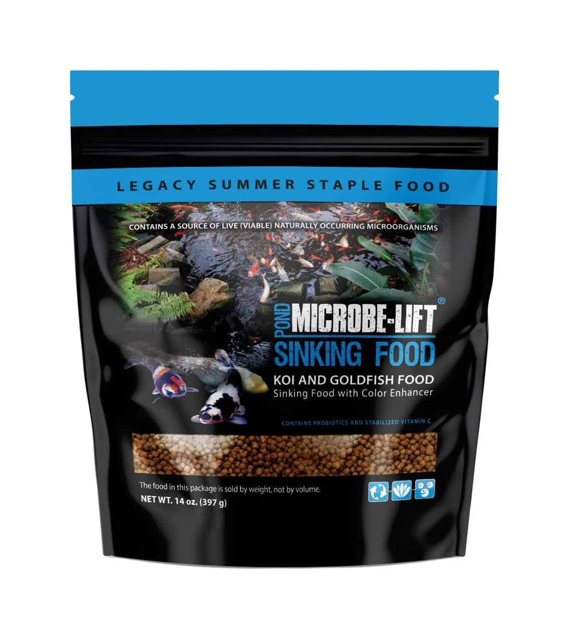 MICROBE-LIFT Sinking Pellets bottle closeup showing balanced meals for new pond fish.
