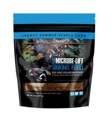 MICROBE-LIFT Sinking Pellets bottle closeup showing balanced meals for new pond fish.