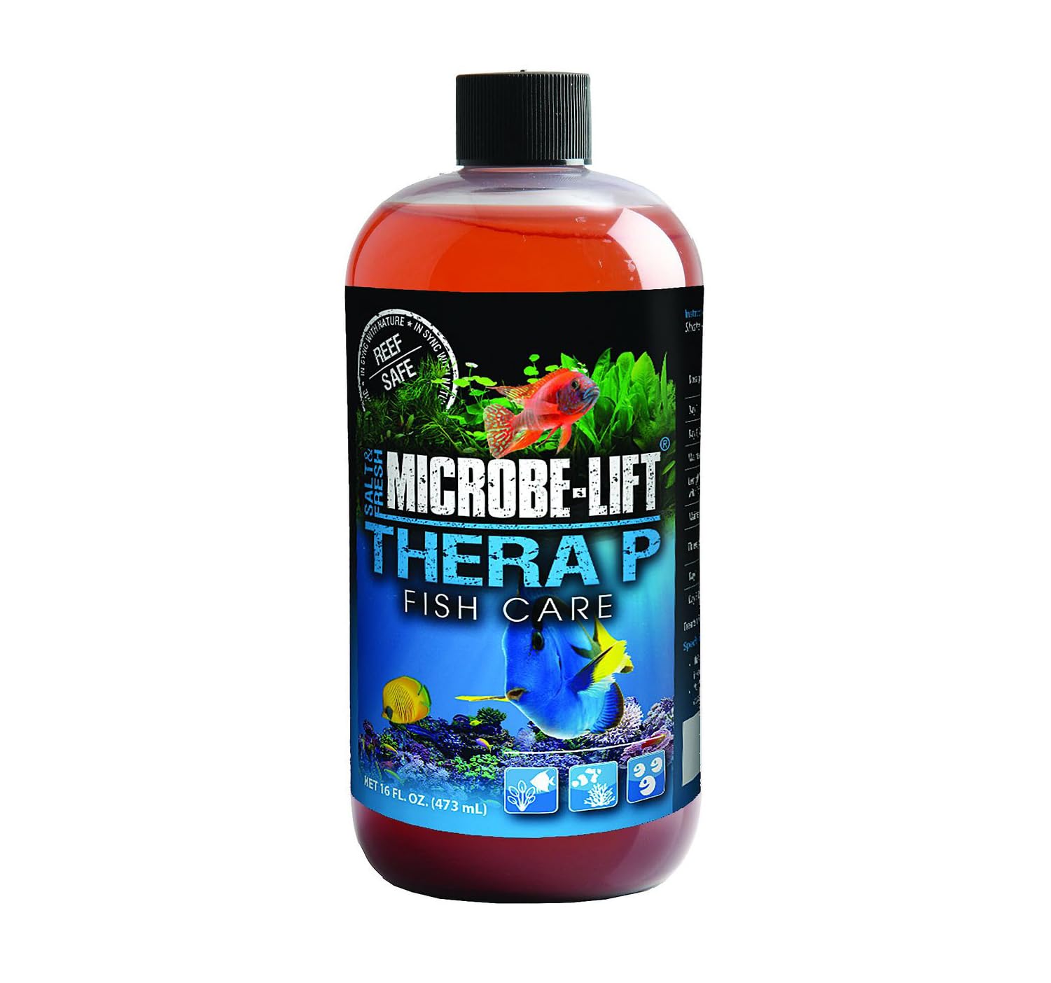 MICROBE-LIFT TheraP16 bottle pour showing easy dosing for fish health