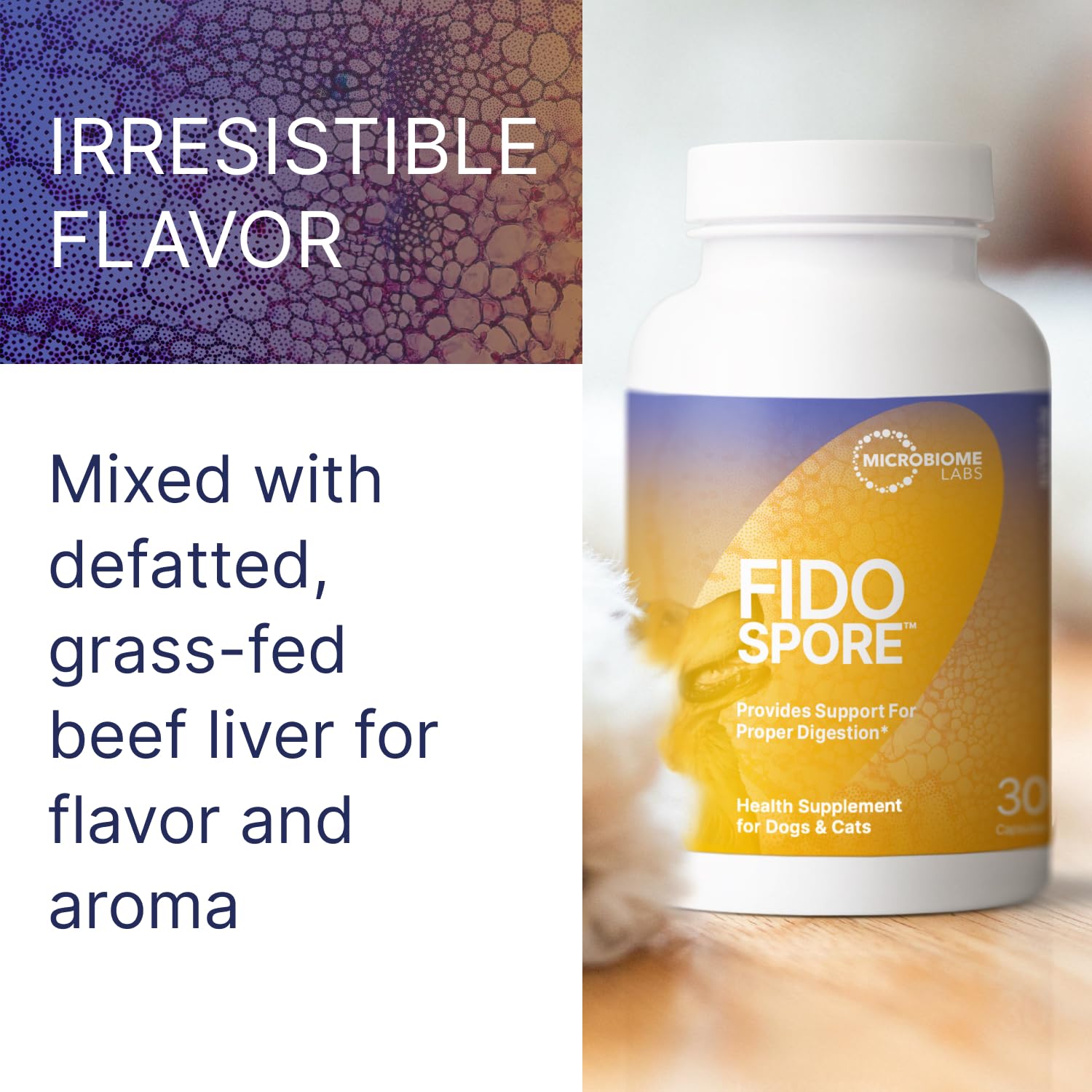 Fidospore contains Bacillus subtilis HU58 and Bacillus licheniformis SL-307 for gut health.