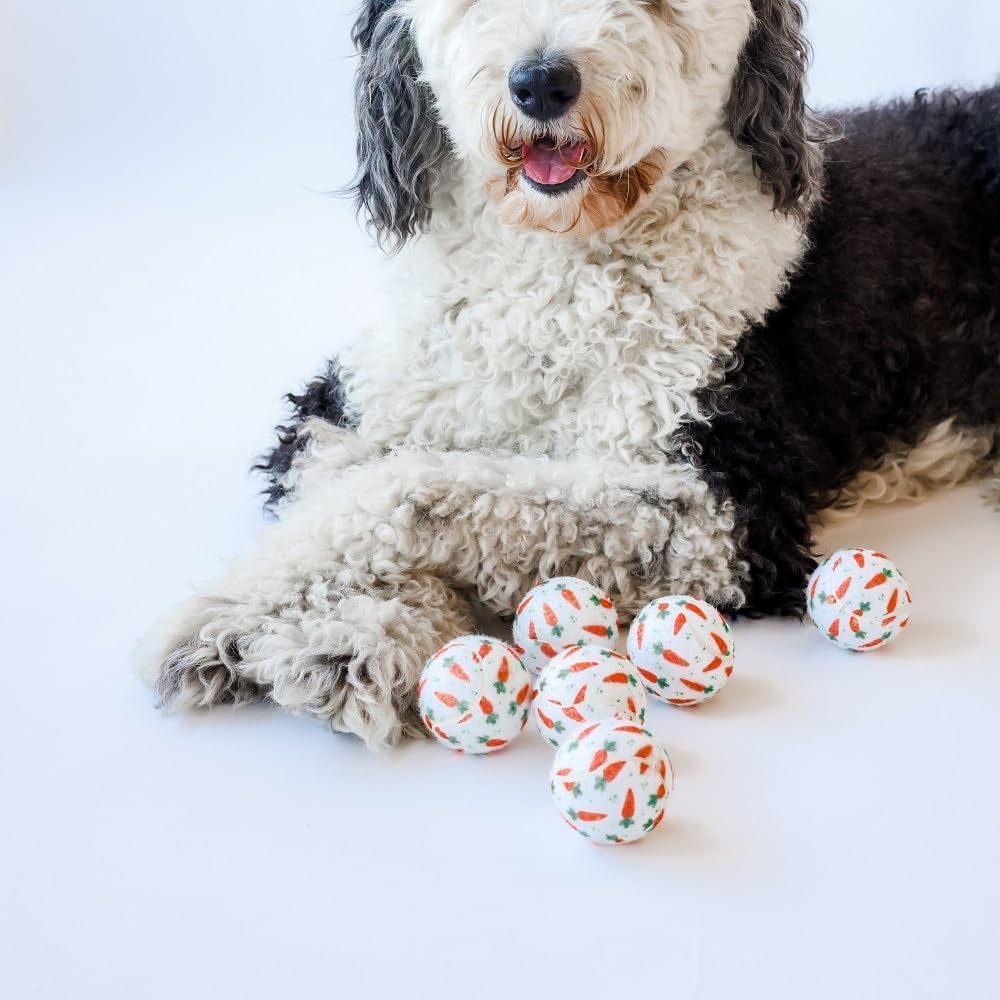 Midlee Easter carrot dog tennis ball white base with carrot visuals for visibility