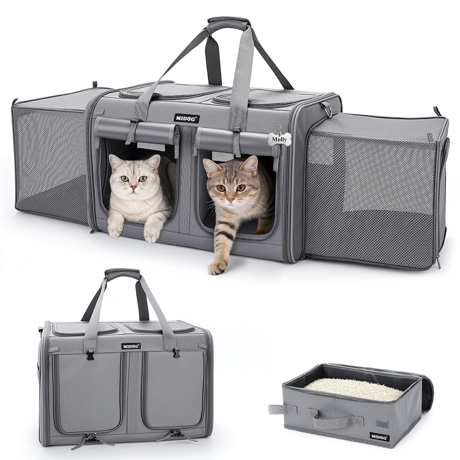 MIDOG 2 Cat Carrier with Litter Box demonstrates expandable space for two cats during travel.