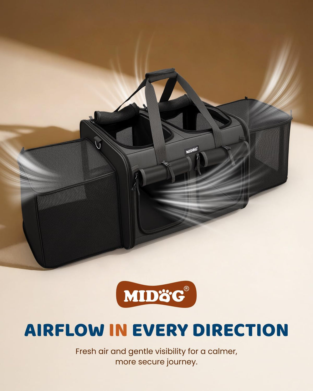 MIDOG carrier with built-in portable litter box supports on-the-go needs.