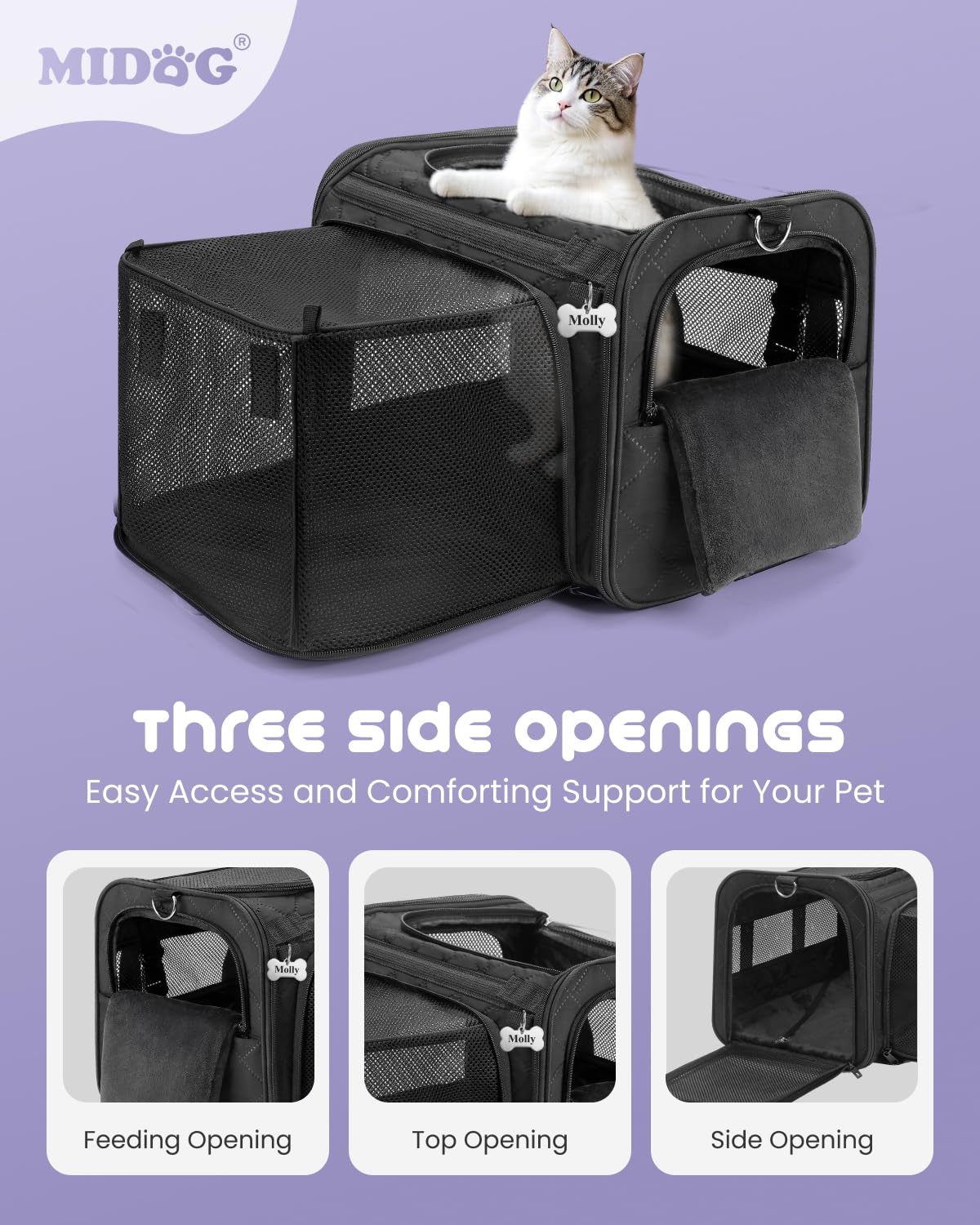 MIDOG carrier shows breathable window and soft pillow for calm rides