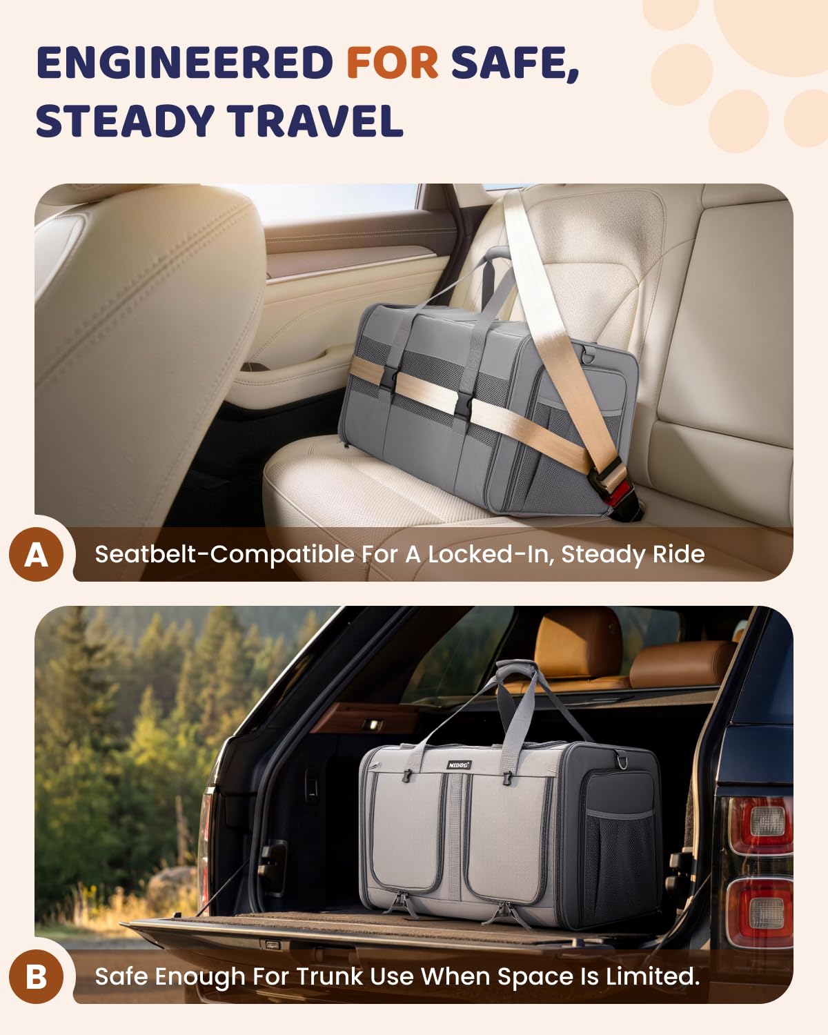 MIDOG detachable divider creates privacy between two cats during transit.