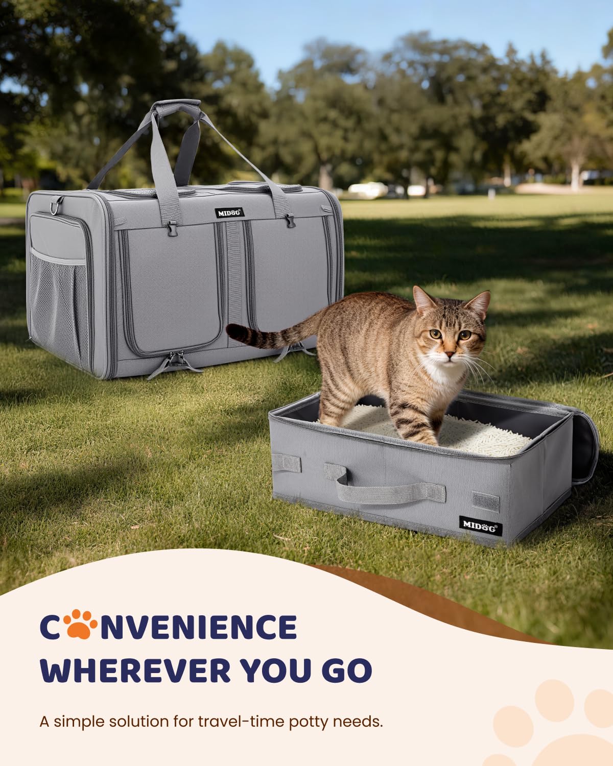 MIDOG portable litter box included for on-the-go bathroom needs.