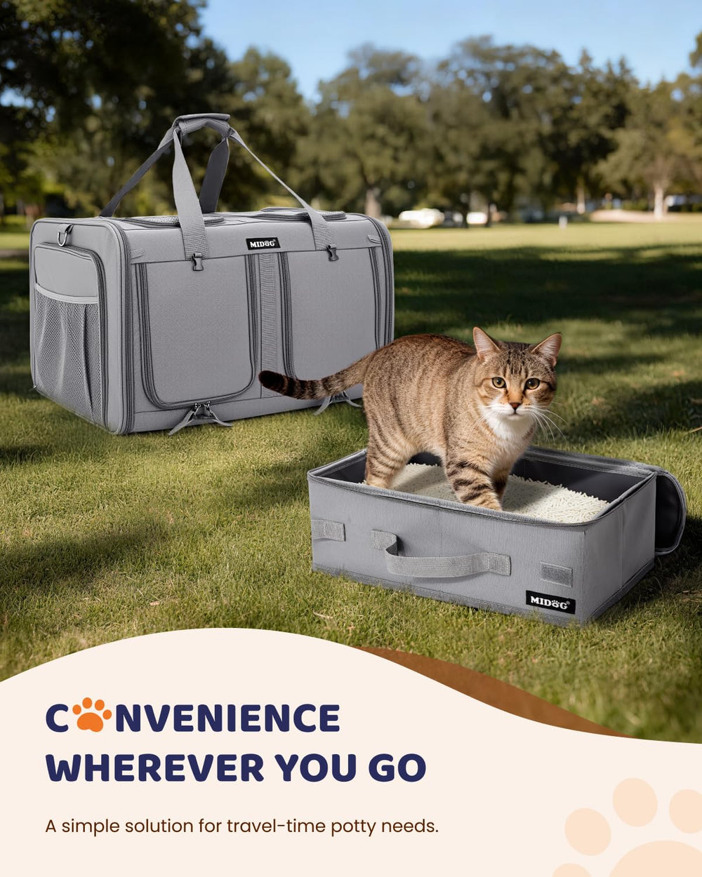 MIDOG portable litter box included for on-the-go bathroom needs.