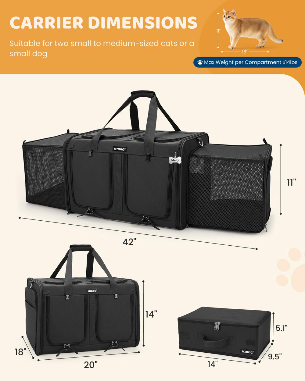 MIDOG soft-sided travel carrier keeps pets comfortable and calm on car trips.