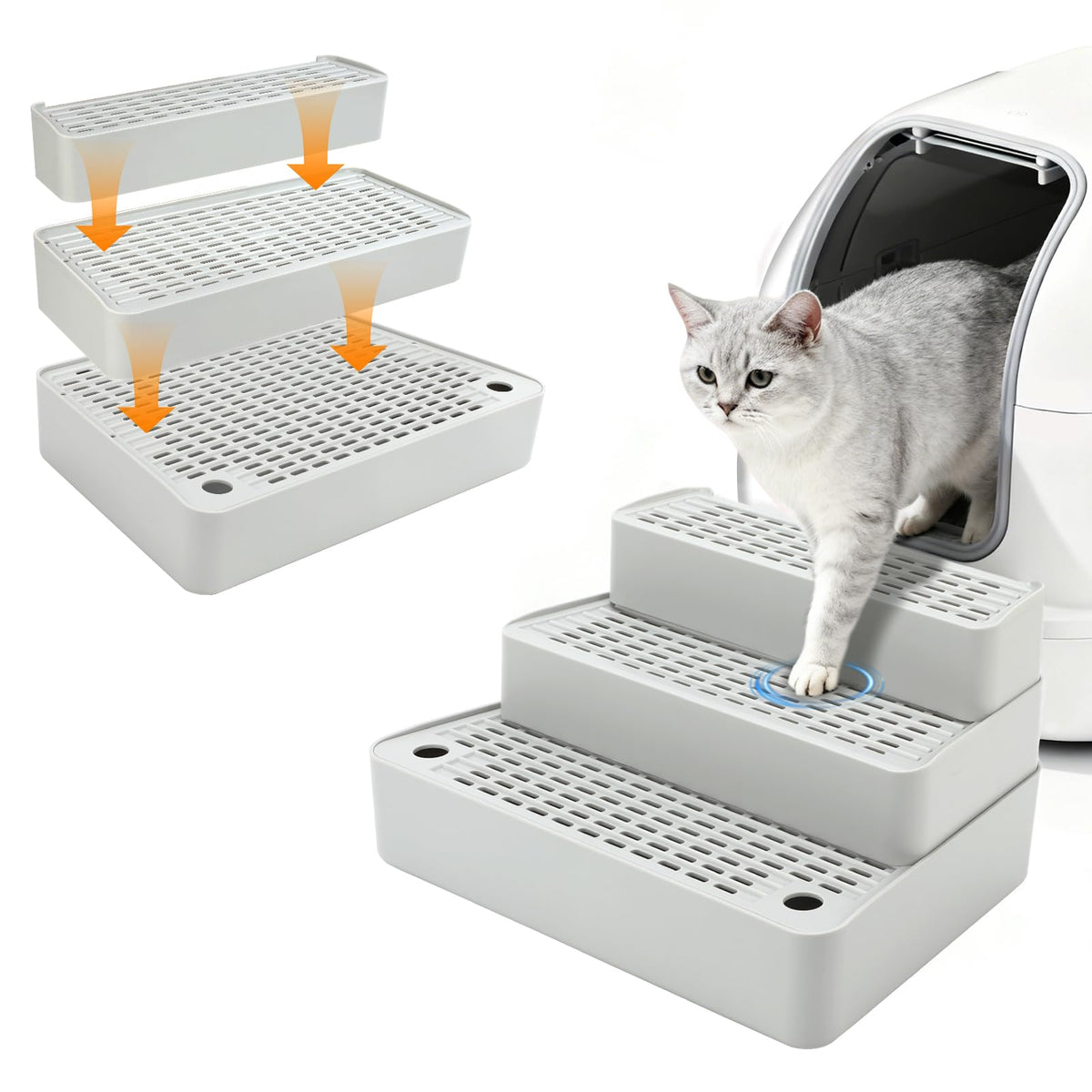 Midollarle adjustable cat ramp with 3 steps for easy litter box access, grey finish