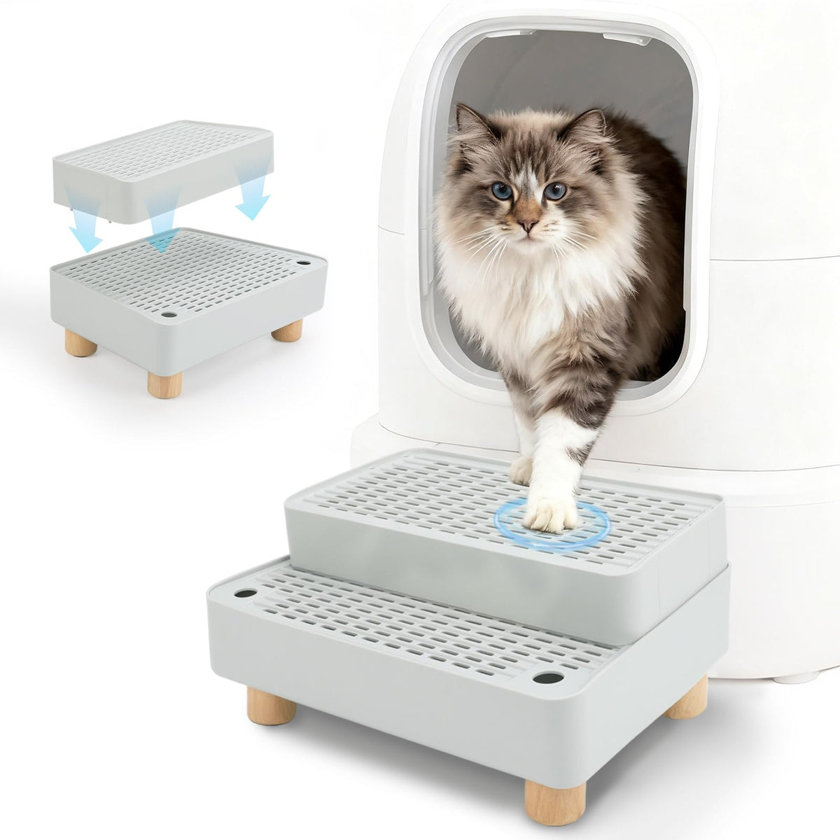 Midollarle Elevated Cat Ramp steps with wooden base for safe litter-box access