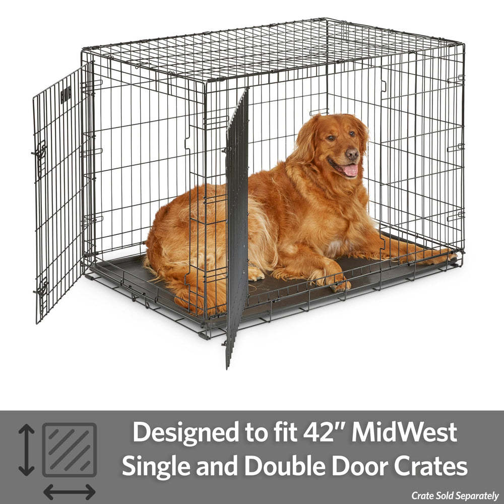 MidWest replacement pan inside a crate with high walls for mess containment.