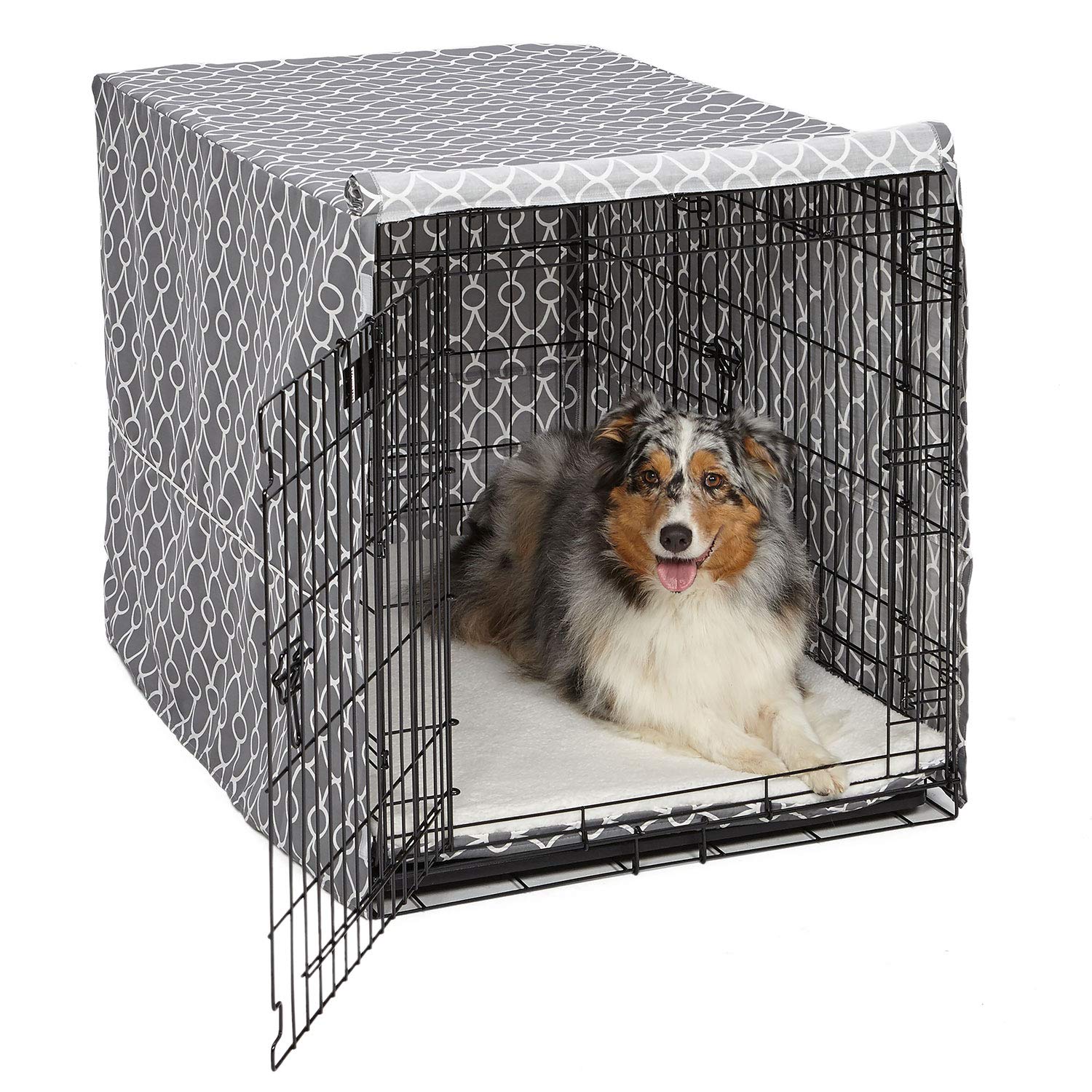 MidWest Homes for Pets crate cover in gray designer print provides privacy and airflow for 42-inch crates