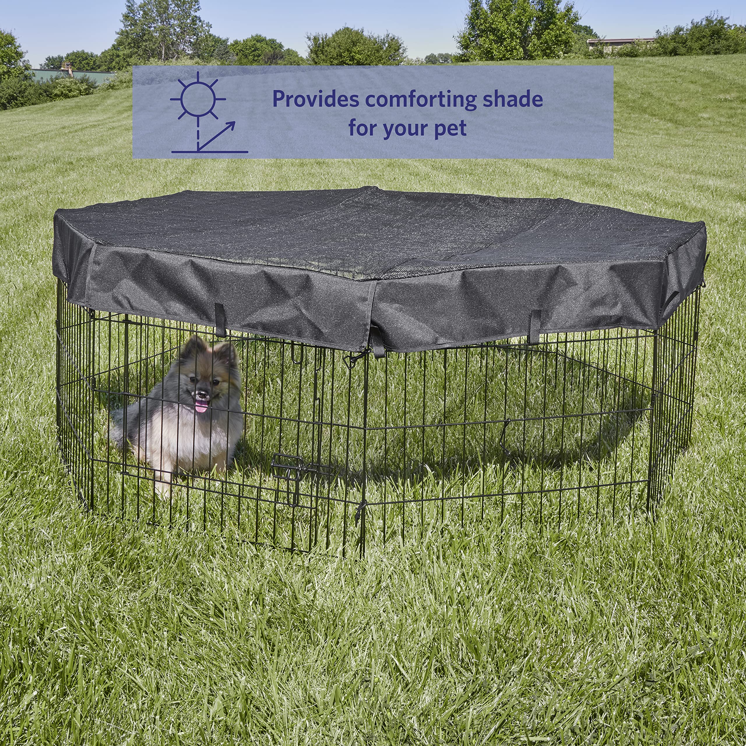 MidWest Homes for Pets exercise-pen mesh top installation demonstrates simple hook-and-loop setup.