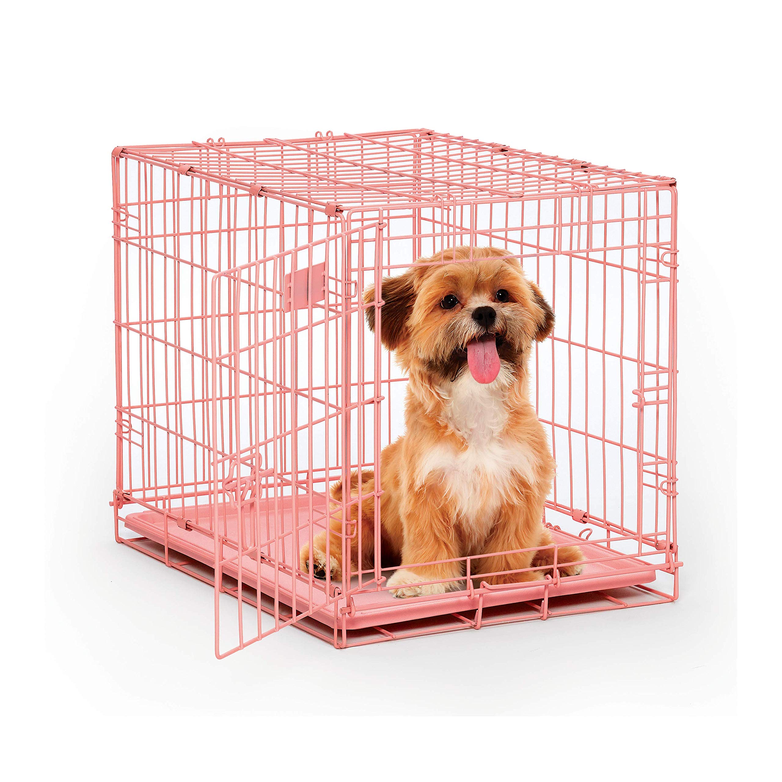 MidWest iCrate pink front view, secure travel-ready crate for small dogs.