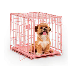 MidWest iCrate pink front view, secure travel-ready crate for small dogs.