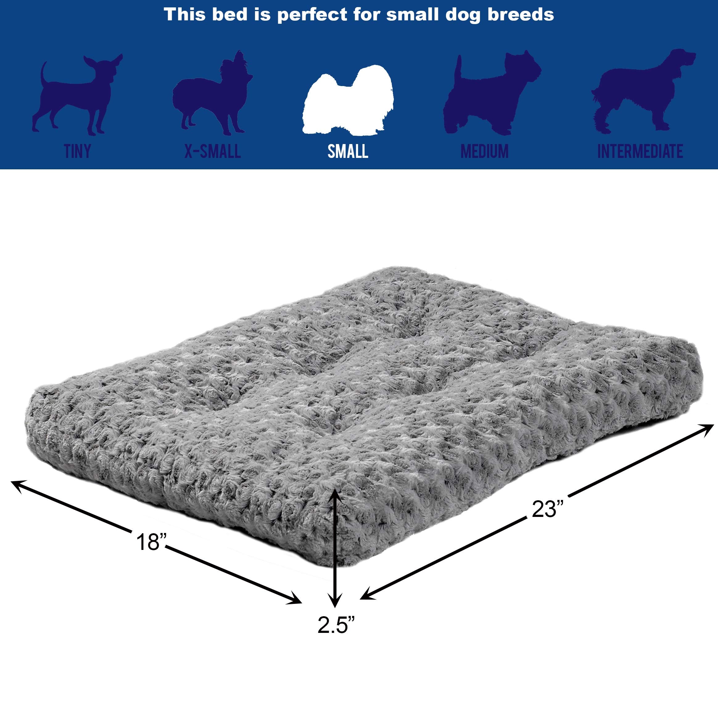 MidWest QuietTime Deluxe gray ombré swirl bed with non-slip bottom on hardwood floors for stability.