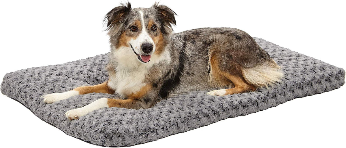 MidWest QuietTime Deluxe Ombré Swirl bed inside crate for a cozy den.