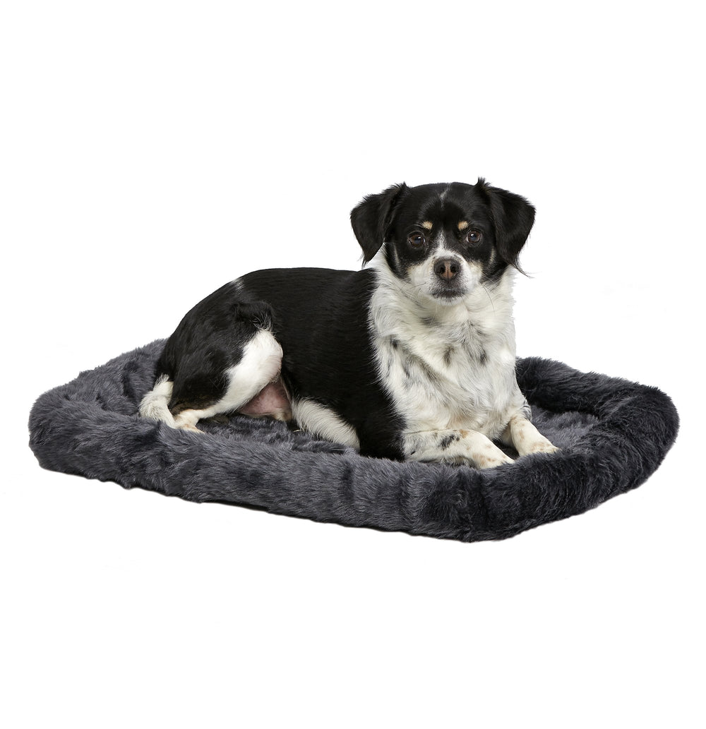 MidWest QuietTime bed in gray faux fur offers cozy crate comfort for small dogs.