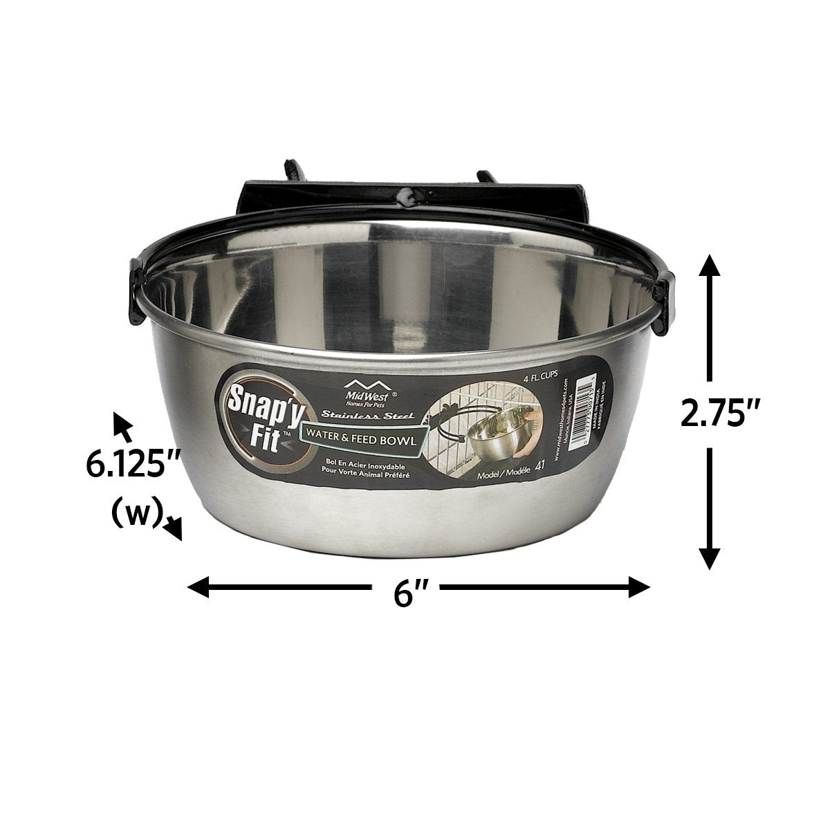 MidWest Snap’y Fit rust-resistant bracket keeps the bowl steady during feeding