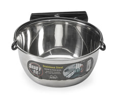 MidWest Snap’y Fit stainless steel bowl mounted securely on a crate for mess-free meals