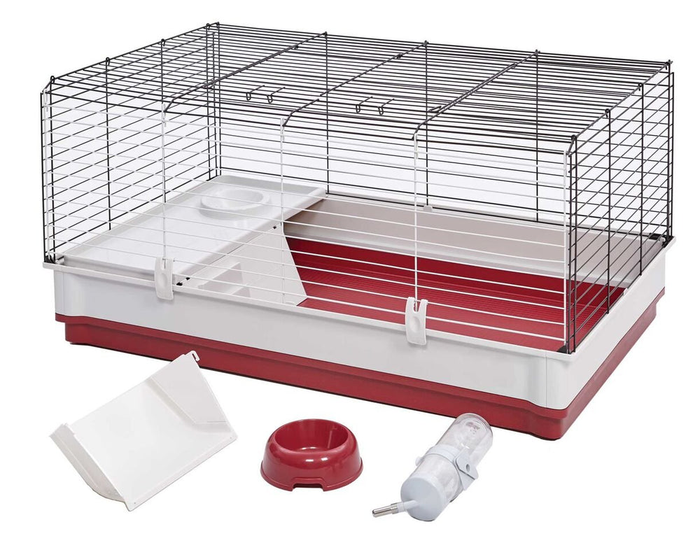 MidWest Wabbitat Deluxe interior view with hay feeder and water bottle included
