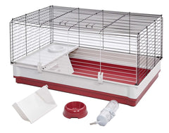 MidWest Wabbitat Deluxe interior view with hay feeder and water bottle included