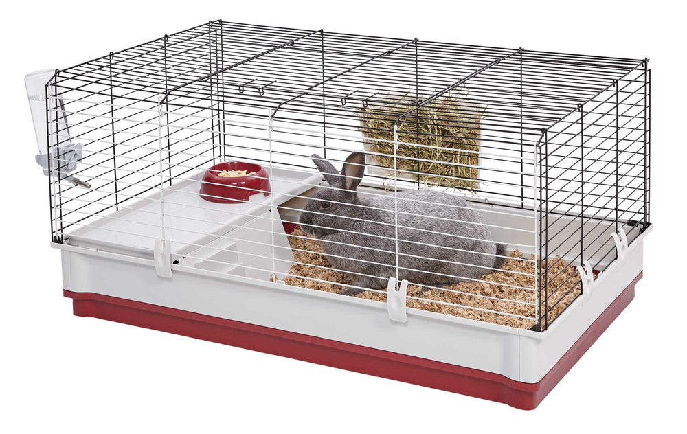 MidWest Wabbitat Deluxe side view highlights accessible doors for easy cleaning