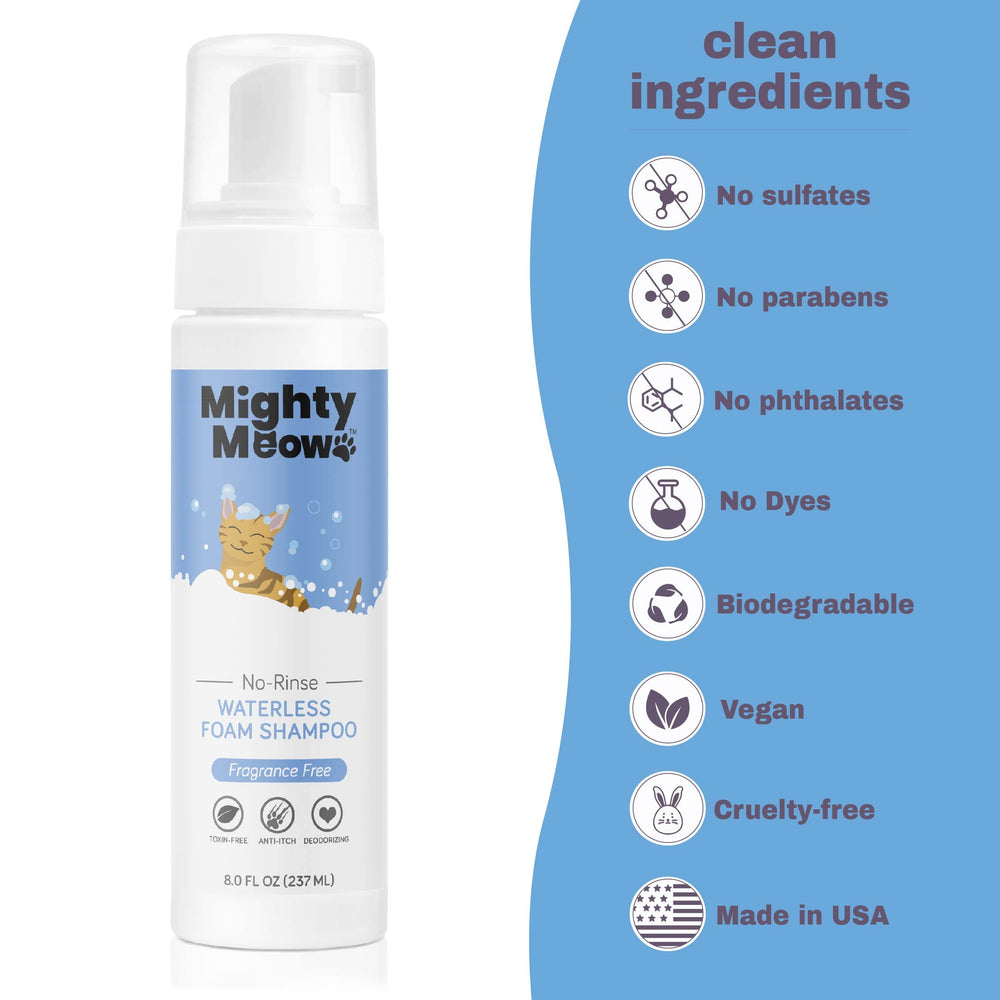 Mighty Meow foam shampoo applied to fur before air drying.