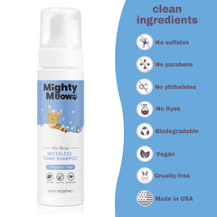 Mighty Meow foam shampoo applied to fur before air drying.