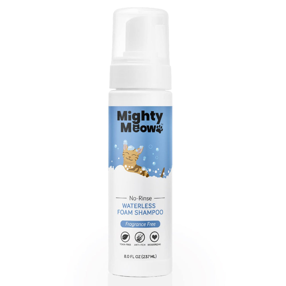 Mighty Meow waterless foam shampoo bottle ready for quick, fragrance-free cleansing.